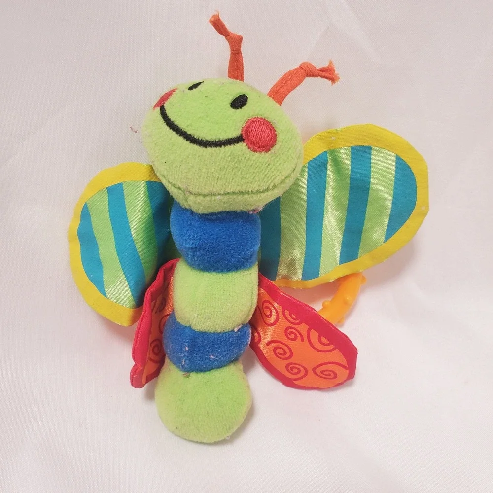 Plush Butterfly Baby Rattle Teether Toy Crinkle Wings Green Blue Yellow Red